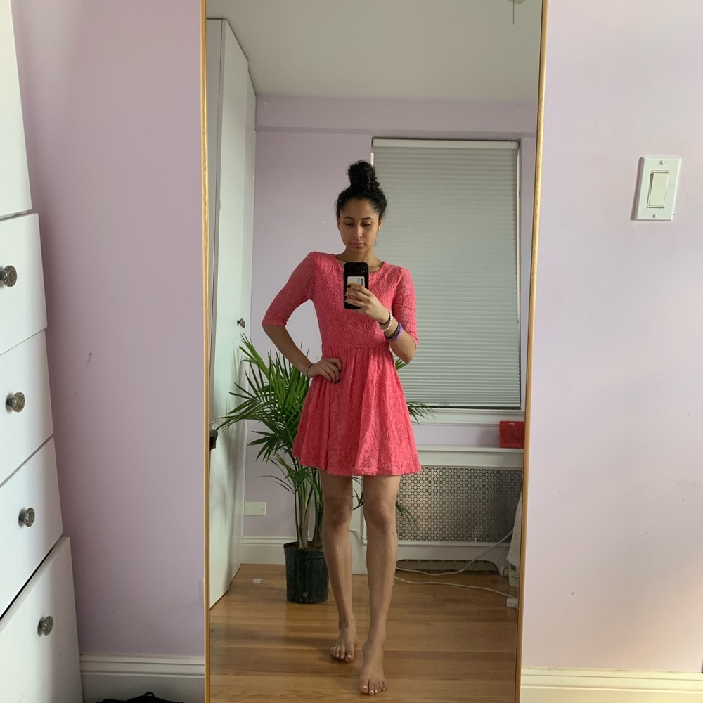 pink lace skater dress